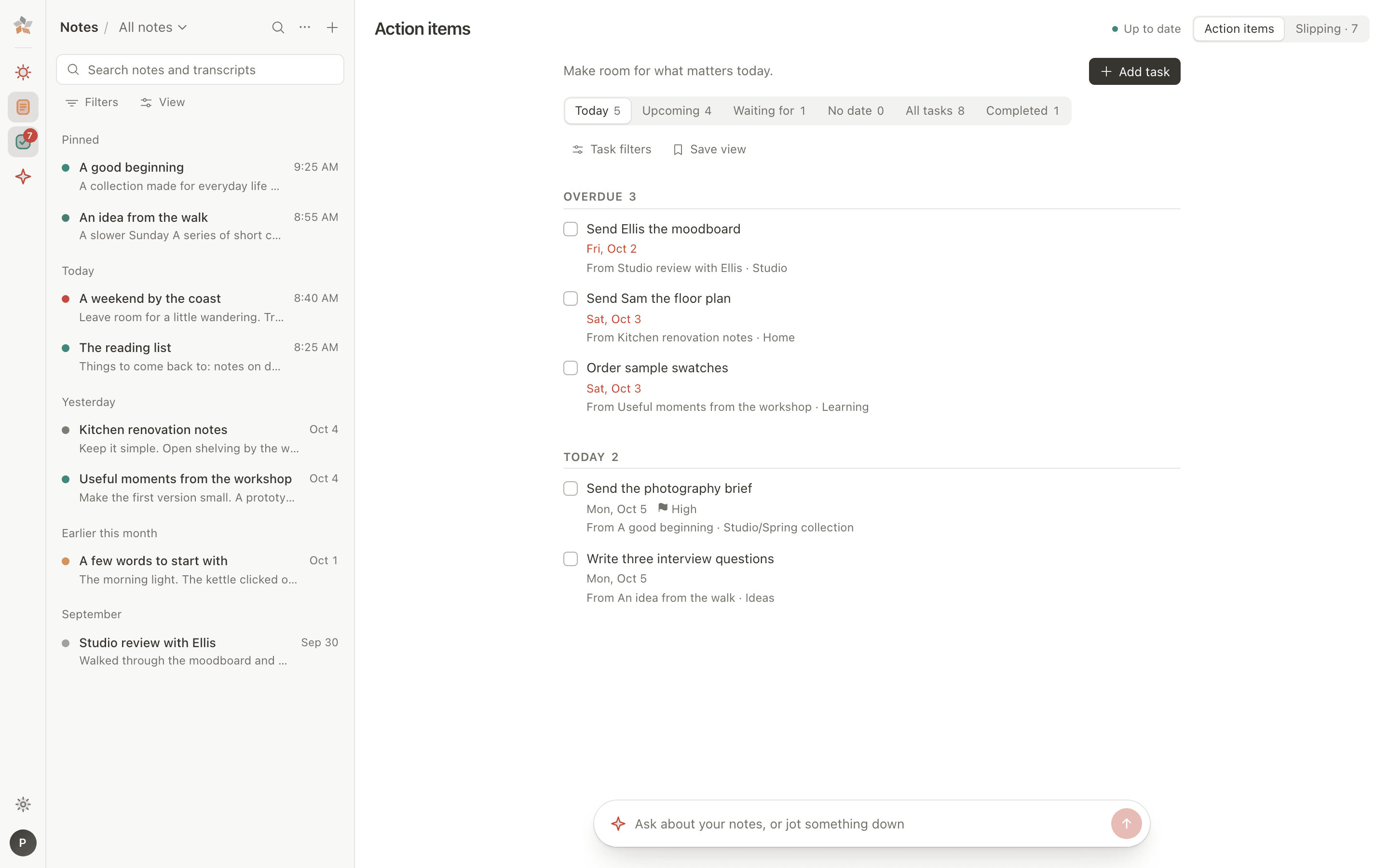 Action items, grouped into overdue and today, each linked to its note