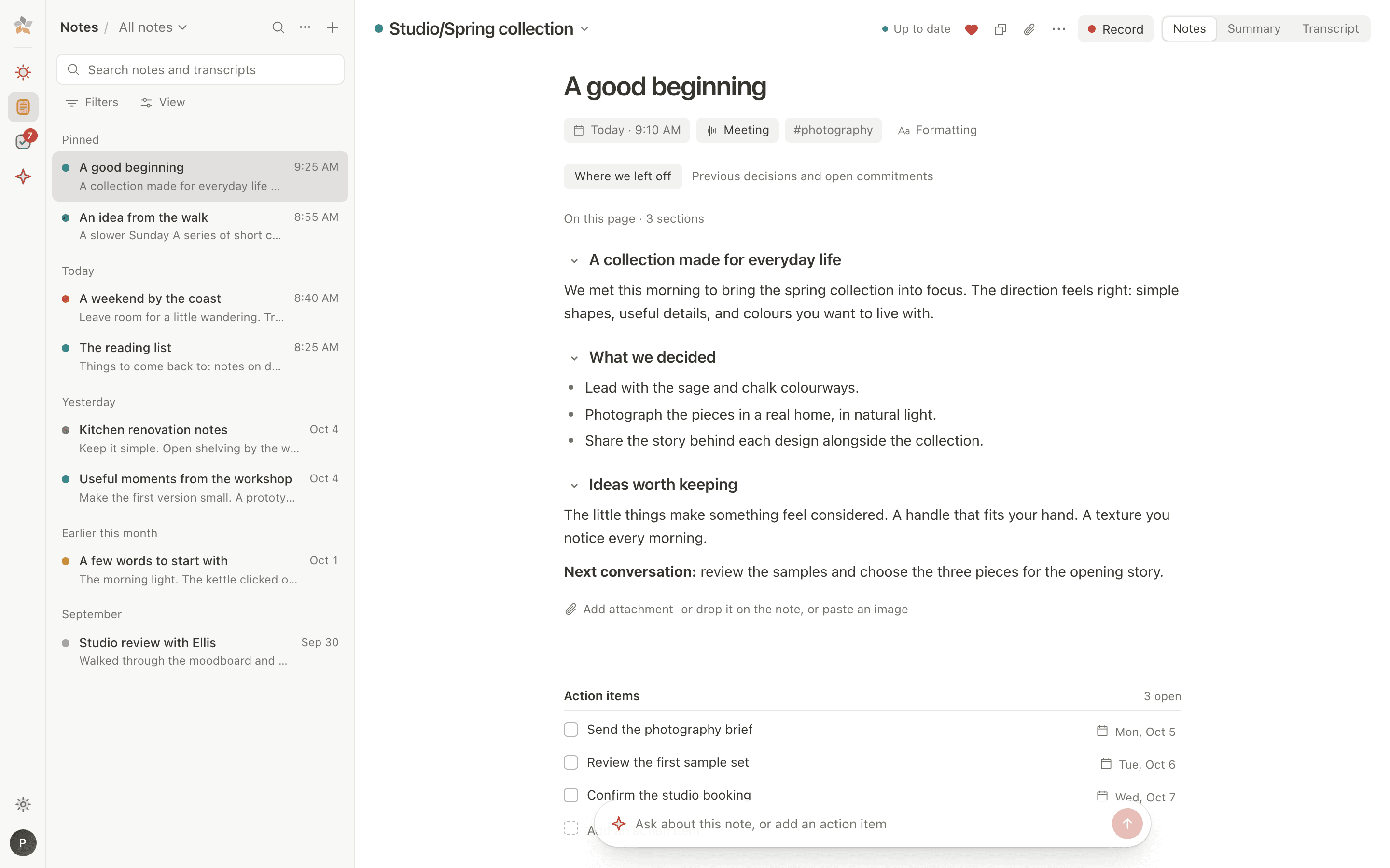 A meeting note with its sections, decisions and action items, beside the notes list