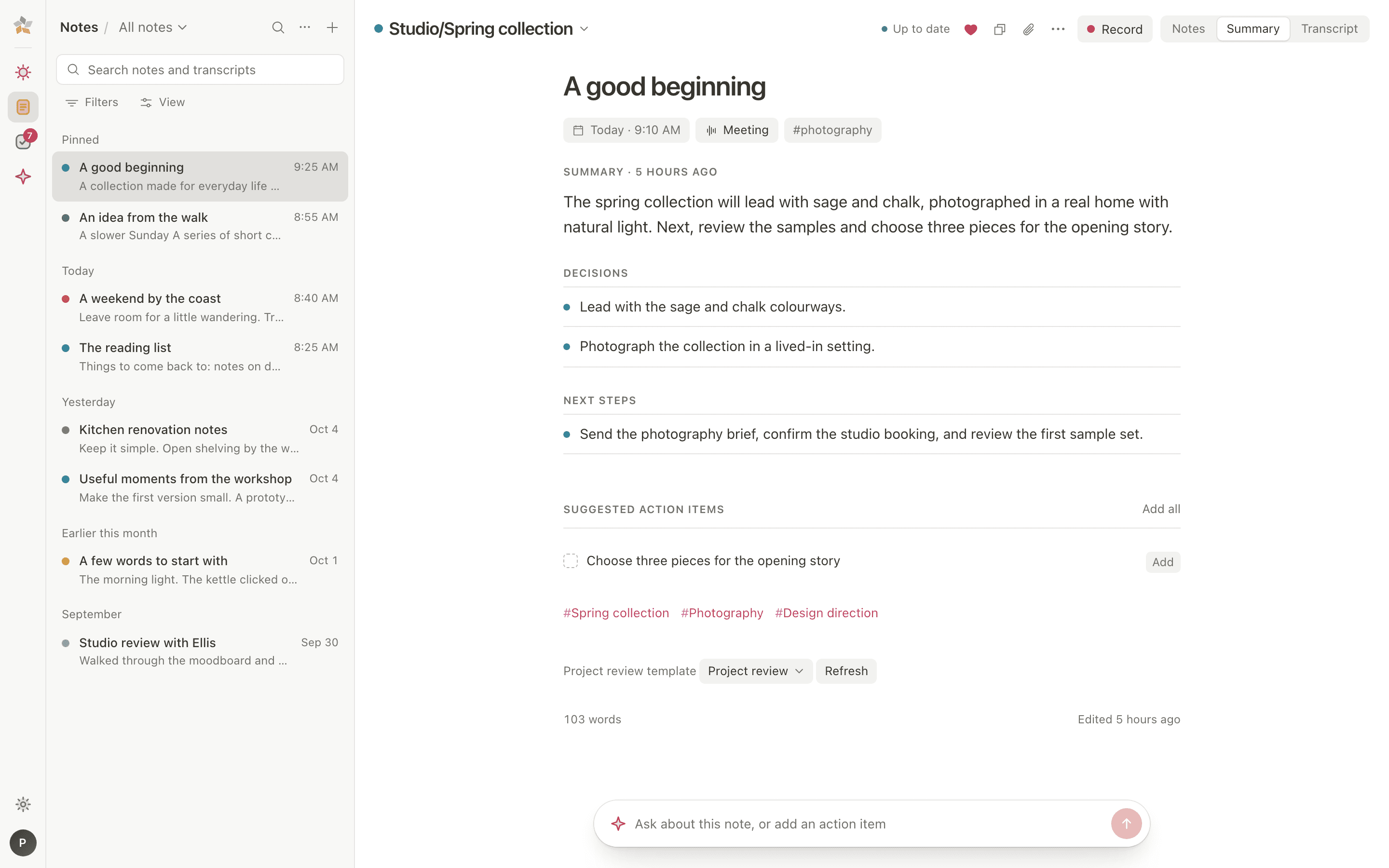 The Summary tab of a meeting note, written from the note and its transcript