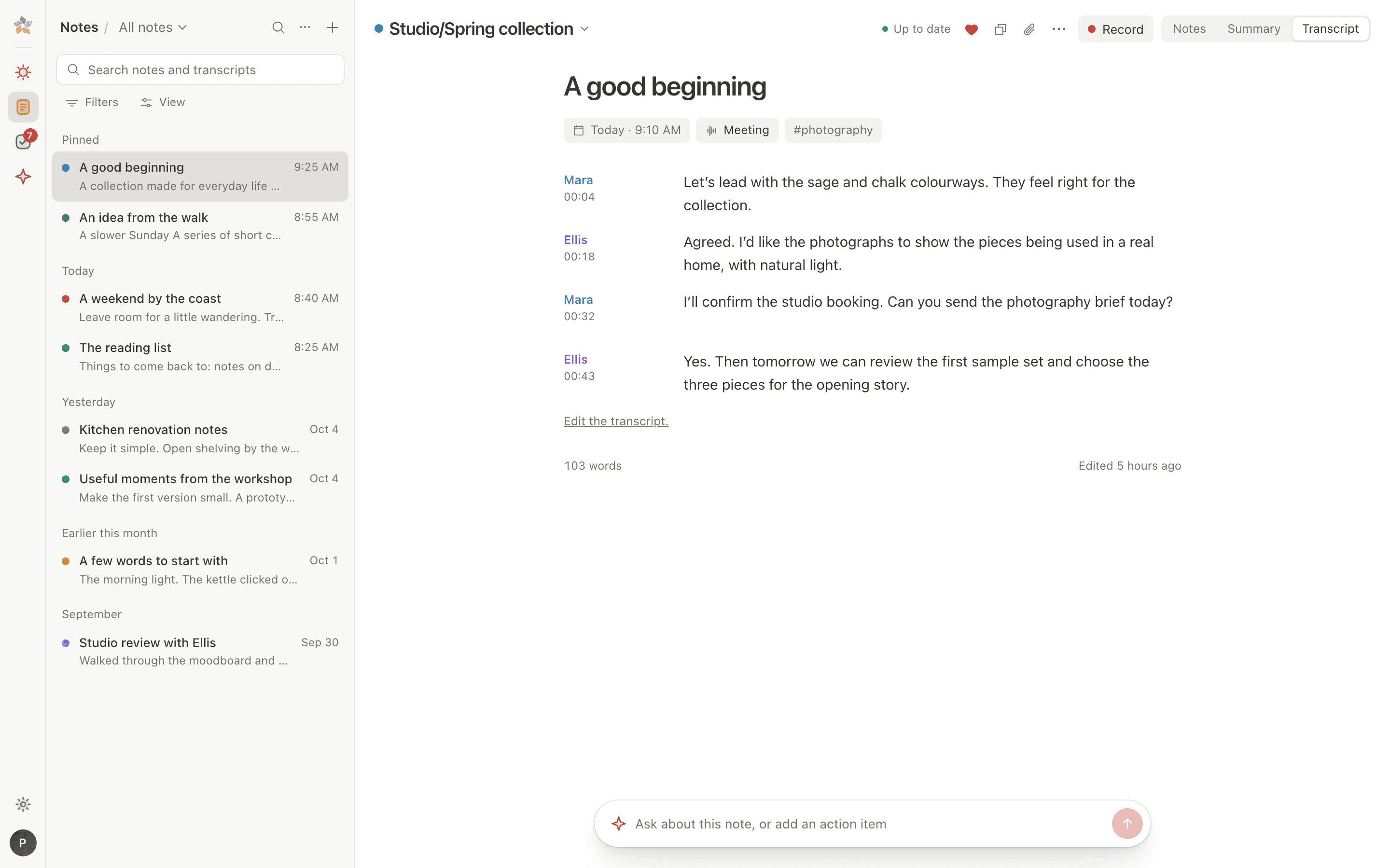 The Transcript tab of a meeting note, with speakers and timestamps